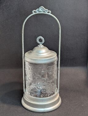Antique Clear Glass Medallion Cottage Victorian Pickle Castor Metal Frame.